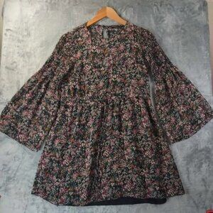 Zara Trafaluc S Black Pink Ditsy Floral Bell Sleeve Mini Dress Boho Cottagecore